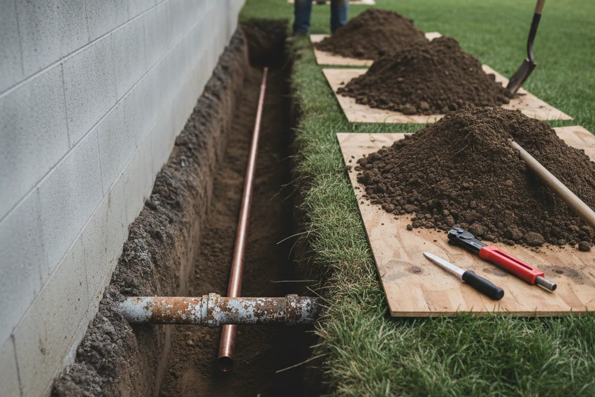 Excavated water line trench during Water Heater Repair in New Richmond